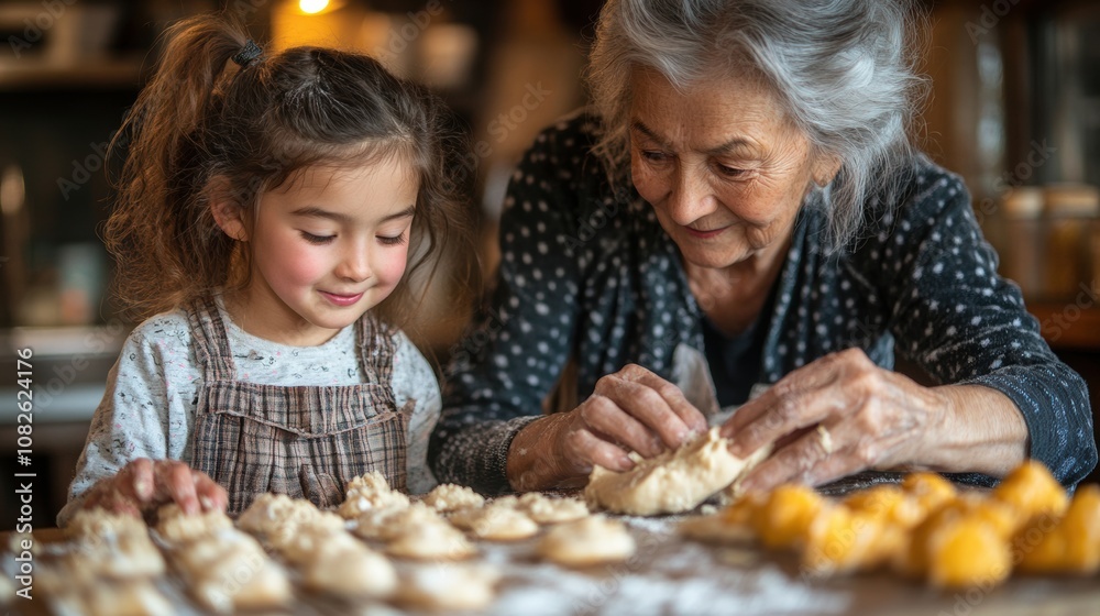 Children helping their grandparents prepare a special family meal, flour and ingredients scattered on the kitchen counter, with laughter and joy filling the air. Generative AI