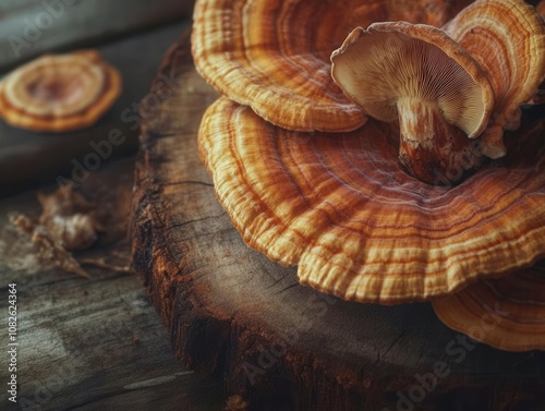 Close-up of vibrant, shelf-like mushrooms on a wooden surface, showcasing unique textures and rich color variations. photo