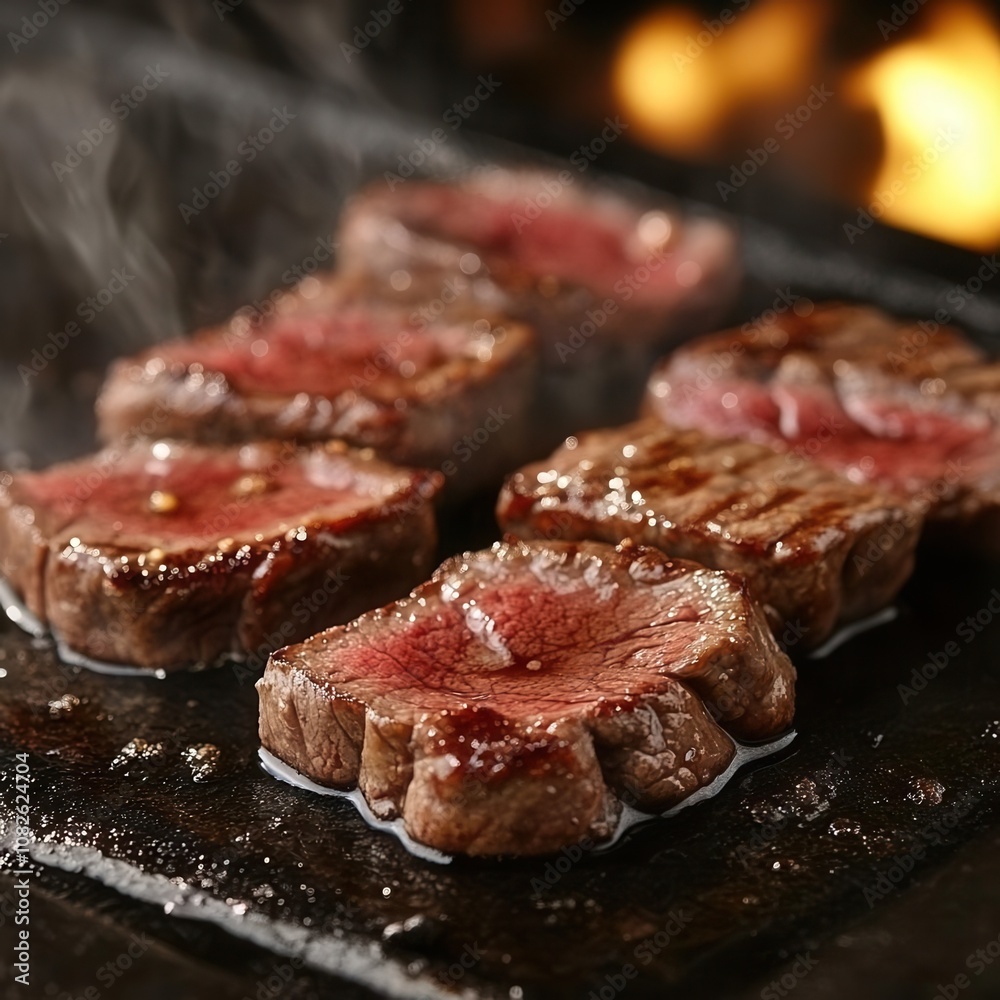 Perfectly grilled beef steak slices, mediumrare, with a smoky char on the edges, steak closeup, succulent grilled meat Perfectly grilled beef steak slices, mediumrare, with a smoky char on the edges, steak closeup, succulent grilled meat