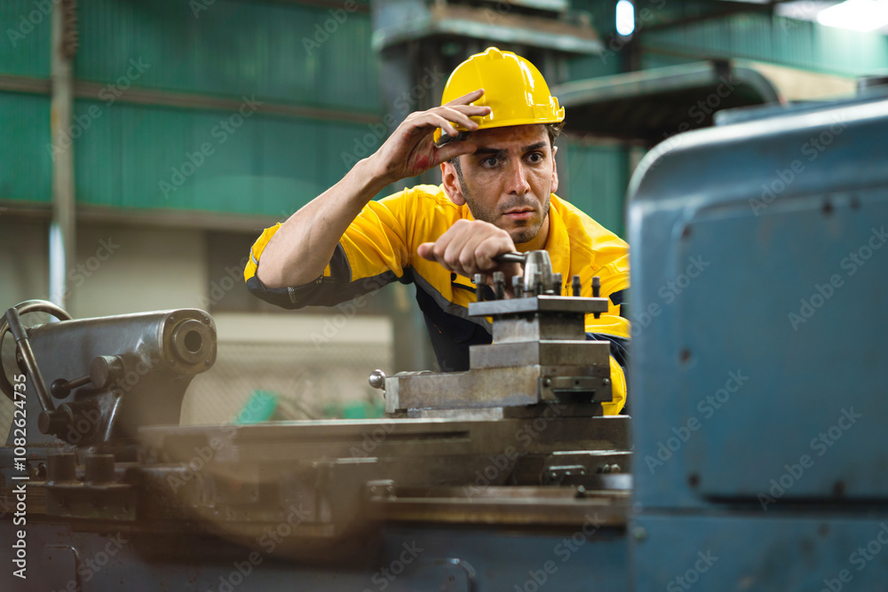 A man in a yellow and black uniform is working on a machine. He is wearing a yellow helmet and a yellow shirt A man in a yellow and black uniform is working on a machine. He is wearing a yellow helmet and a yellow shirt