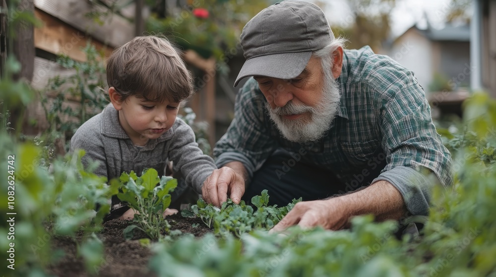 Grandparents teaching their grandchildren how to plant seeds in the garden, the family enjoying the sunshine and working together to create a beautiful outdoor space. Generative AI Grandparents teaching their grandchildren how to plant seeds in the garden, the family enjoying the sunshine and working together to create a beautiful outdoor space. Generative AI