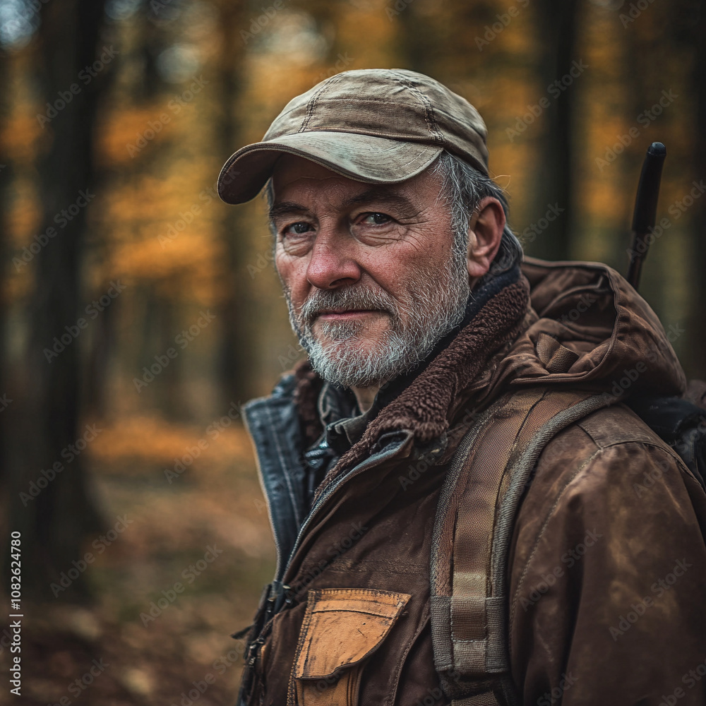 A rugged hunter in the autumn forest with rifle and revolver at twilight A rugged hunter in the autumn forest with rifle and revolver at twilight