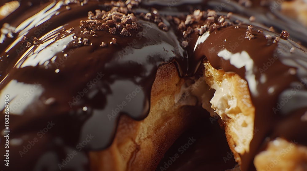 A close-up of a traditional French eclair, topped with chocolate glaze, with a bite revealing creamy filling. Cinematic Scene, 4k resolution, cinematic scene A close-up of a traditional French eclair, topped with chocolate glaze, with a bite revealing creamy filling. Cinematic Scene, 4k resolution, cinematic scene