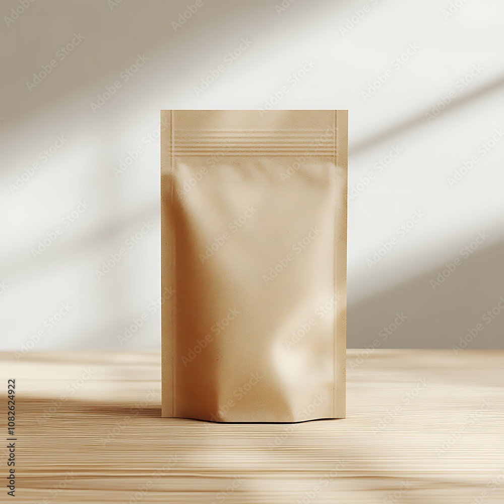 Brown Kraft Paper Pouch Standing on a Light Wooden Table Brown Kraft Paper Pouch Standing on a Light Wooden Table