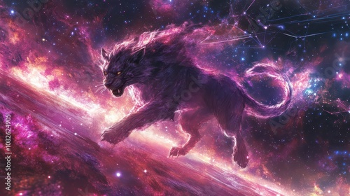 Astral Manticore in Meteor Gardens: Cosmic Mathematics and Primal Wisdom. Stunning High-Resolution Image with Crystalline Fur and Starlight Palette.