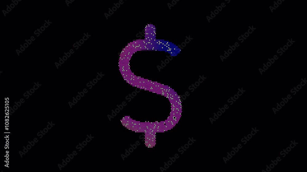 Icon dollar sign is made up of LED square shapes that shimmer and flicker. There are black dead diodes. In-Out looped. Alpha BW at the end Icon dollar sign is made up of LED square shapes that shimmer and flicker. There are black dead diodes. In-Out looped. Alpha BW at the end
