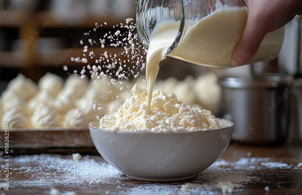 A hand pouring cream into a bowl of powdered sugar for making a dessert. A hand pouring cream into a bowl of powdered sugar for making a dessert.