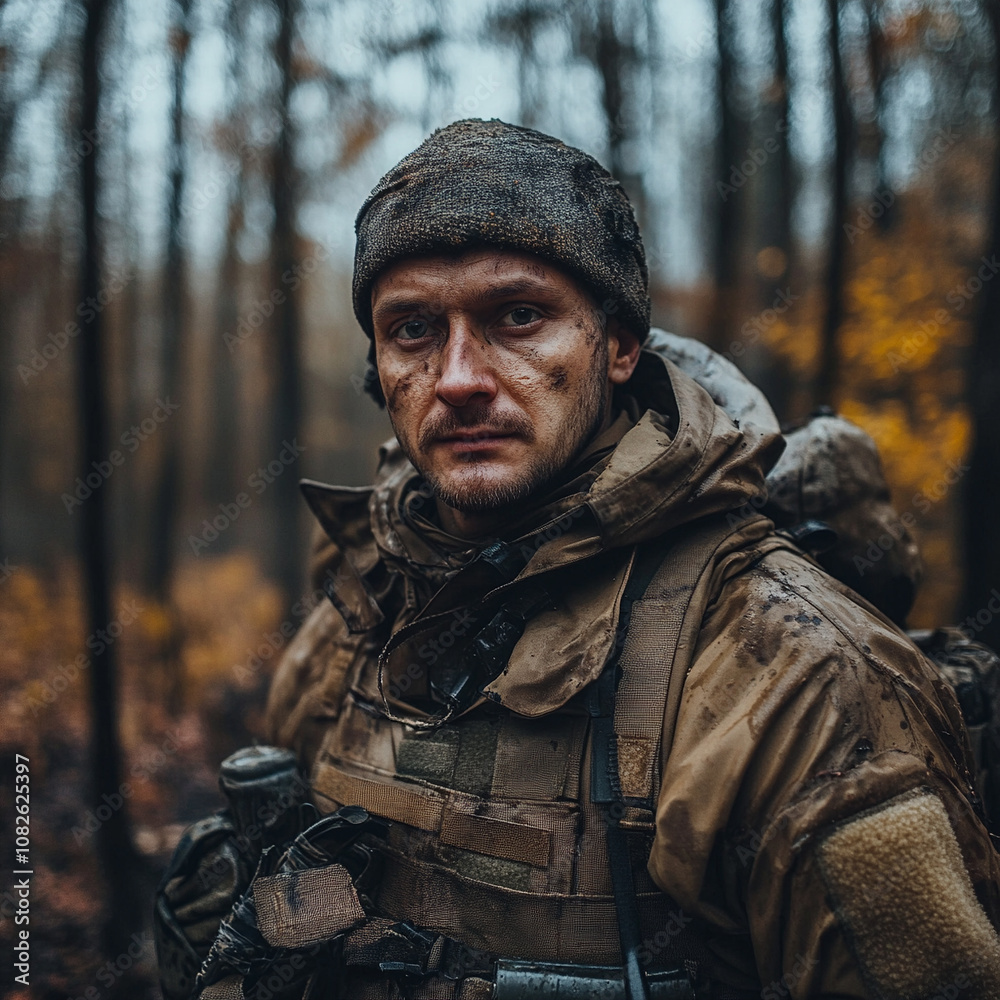 Fototapeta premium Soldier in camouflage gear stands in a forest during autumn foliage