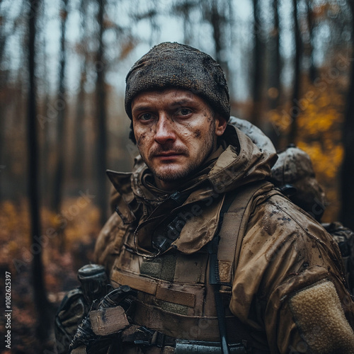 Soldier in camouflage gear stands in a forest during autumn foliage