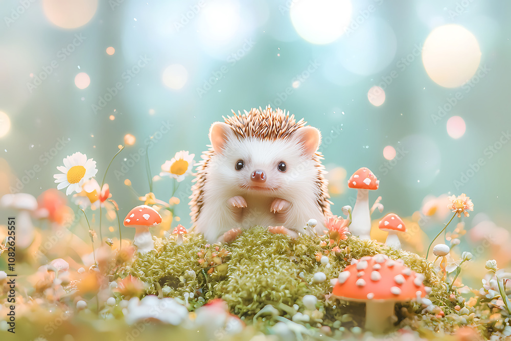 Obraz premium hedgehog sitting in patch of soft moss, surrounded by colorful mushrooms and flowers, creates whimsical and enchanting scene. soft bokeh background adds magical touch