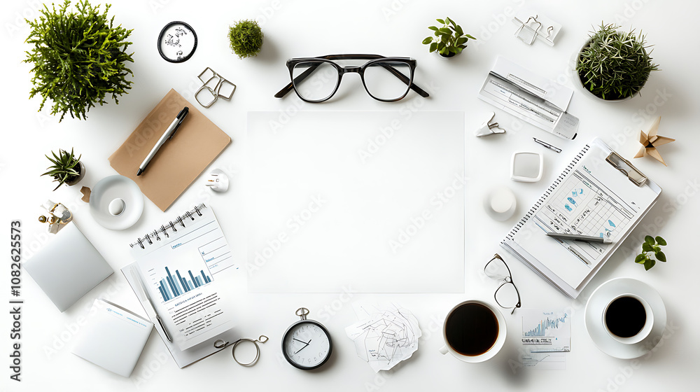 modern workspace with plants, stationery, and coffee, ideal for productivity and creativity. arrangement includes charts, glasses, and clock, creating inspiring atmosphere modern workspace with plants, stationery, and coffee, ideal for productivity and creativity. arrangement includes charts, glasses, and clock, creating inspiring atmosphere