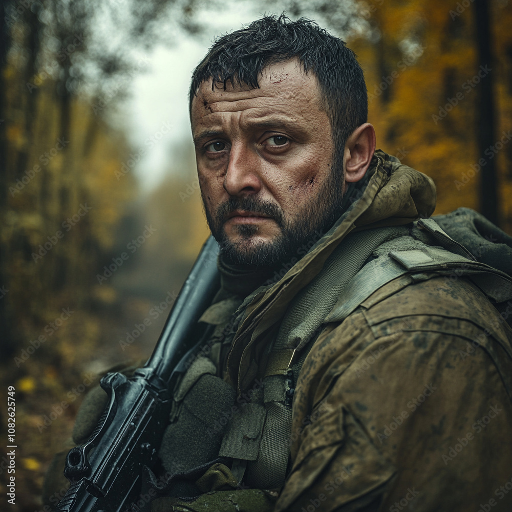 Soldier in camouflage gear stands in a forest during autumn foliage Soldier in camouflage gear stands in a forest during autumn foliage