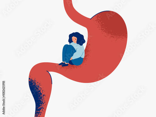 Unhealthy stomach and sad woman on it. Digestive disease and chronic illness or gastric cancer. Healthcare and medical concept. Vector illustration