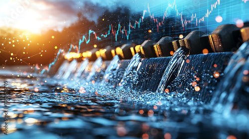stunning view of flowing water from hydroelectric dam, with backdrop of digital financial graphs symbolizing energy production and economic growth