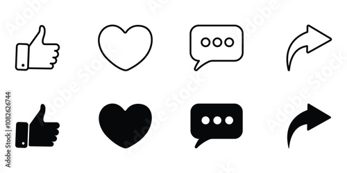 Like, comment, and share icon set. Social media post reaction concept. Like, Comment, Share. Social Media Icon Set Collection. use for UI and web design.