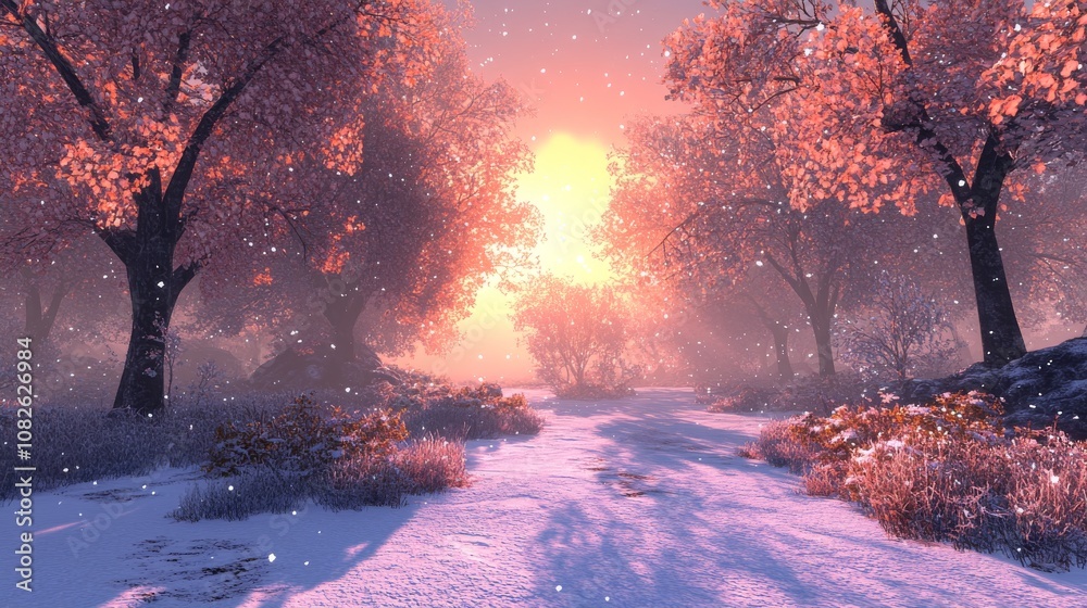 Naklejka premium A snowy path winds through a forest with a pink sunset.