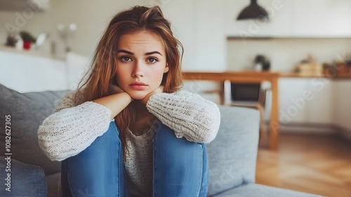 Lonely sad young woman sitting at home alone, suffering from loneliness