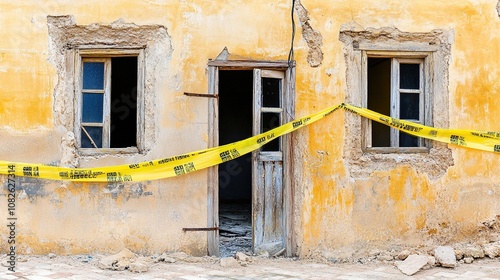 Police tape encircling an abandoned house, symbolizing caution and the need for vigilance in neglected areas, emphasizing the importance of community safety and awareness. photo