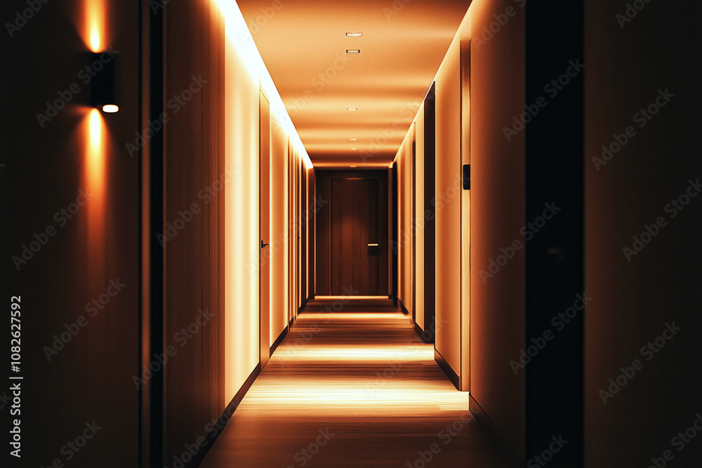 Corridor in a modern house with clean lines, recessed lighting, and artful minimalism. Corridor in a modern house with clean lines, recessed lighting, and artful minimalism.