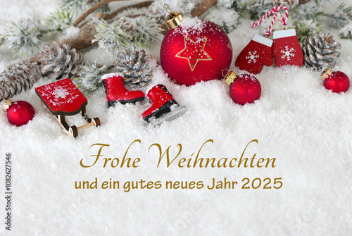 Weihnachtskarte: Weihnachtsgrüße mit Weihnachtskugeln, Schlitten, und Schlittschuhen im Schnee . Frohe Weihnachten und ein gutes neues Jahr 2025.	 photo