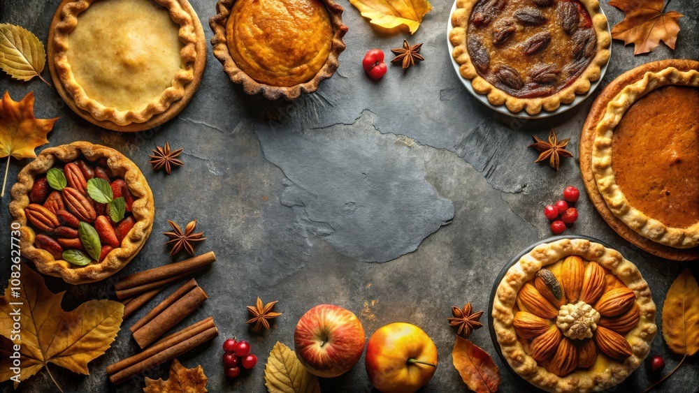 A Festive Autumnal Tabletop Display Featuring a Variety of Homemade Pies, Cinnamon Sticks, Fall Leaves, and Fresh Apples A Festive Autumnal Tabletop Display Featuring a Variety of Homemade Pies, Cinnamon Sticks, Fall Leaves, and Fresh Apples