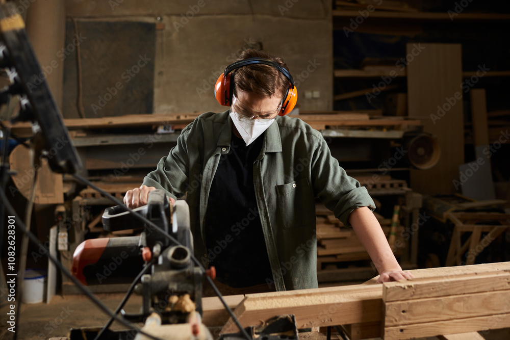 A skilled carpenter works diligently with wood, showcasing craftsmanship in a well-equipped workshop. A skilled carpenter works diligently with wood, showcasing craftsmanship in a well-equipped workshop.