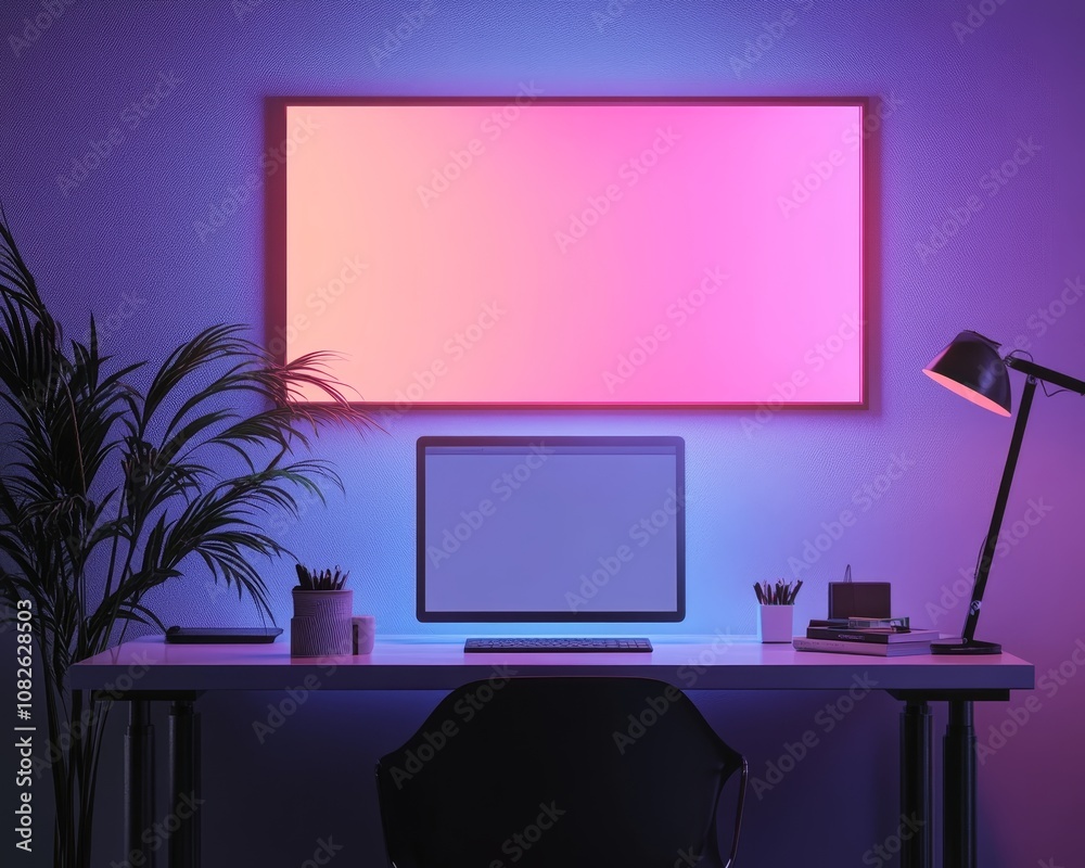 Modern Workspace With Holographic Sticky Notes Modern Workspace With Holographic Sticky Notes