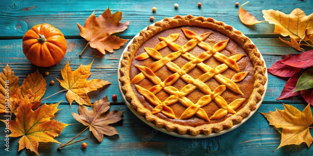 A rustic autumnal scene featuring a freshly baked pumpkin pie adorned with a lattice crust, surrounded by vibrant fall foliage on a weathered blue wooden surface. A rustic autumnal scene featuring a freshly baked pumpkin pie adorned with a lattice crust, surrounded by vibrant fall foliage on a weathered blue wooden surface.