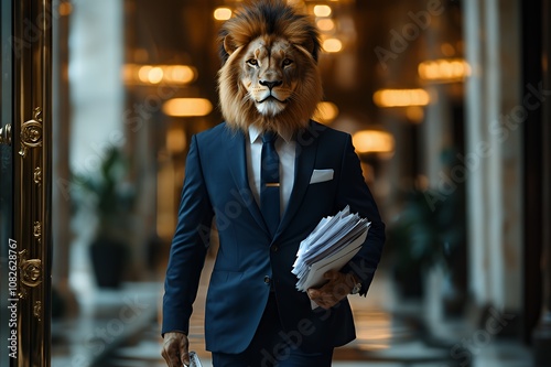 A lion in a business suit walks confidently through an elegant hallway. photo