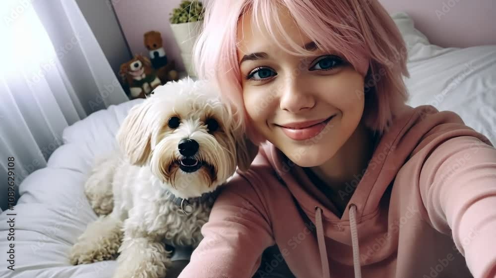 A cheerful young woman with pink hair enjoys a cozy moment with her fluffy dog on a soft bed in a bright, inviting room A cheerful young woman with pink hair enjoys a cozy moment with her fluffy dog on a soft bed in a bright, inviting room