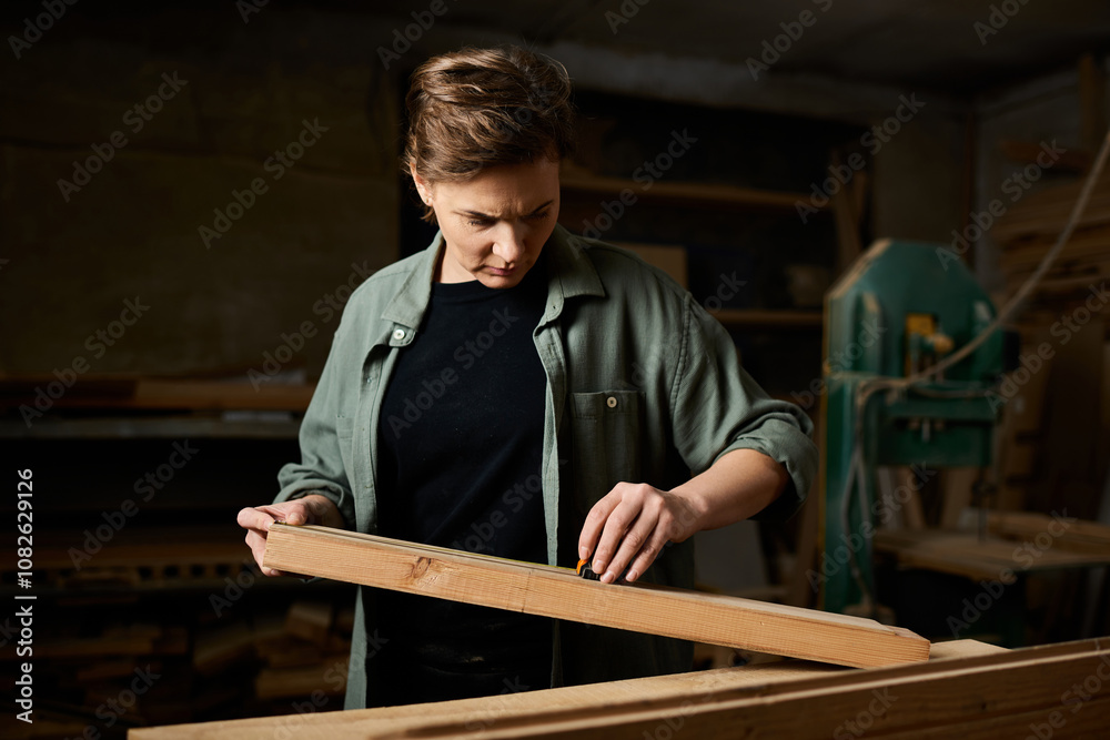 A skilled female carpenter focuses on precise measurements while working with timber in her workshop. A skilled female carpenter focuses on precise measurements while working with timber in her workshop.