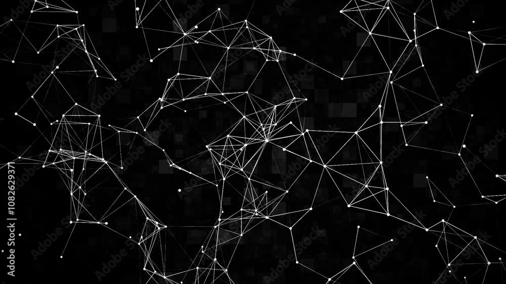Black plexus background, tech background of lines and dots on black background, white lines, technological concept, 4k video, particle animation 