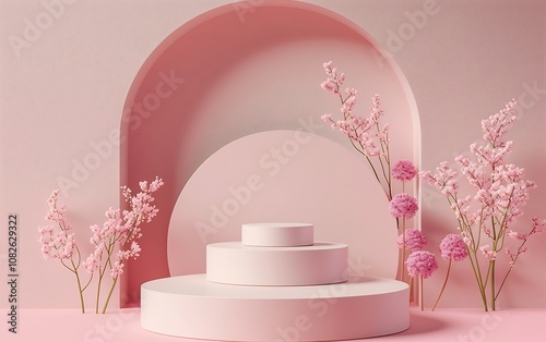 White round podium with palm leaves on pink background. 3D rendering