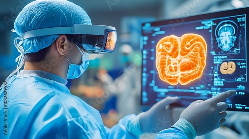 A medical professional wearing augmented reality glasses reviewing AI-generated 3D models of a patient's organs, preparing for a complex procedure 