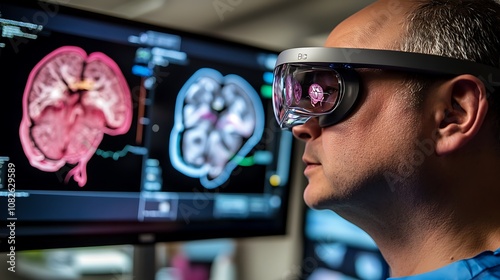 A medical professional wearing augmented reality glasses reviewing AI-generated 3D models of a patient's organs, preparing for a complex procedure 