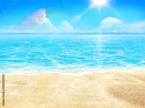 Beautiful frame illustration background material of summer sandy beach, blue sky with clouds and sea and rainbow