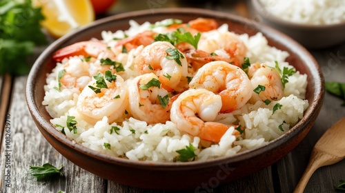 A close-up of a bowl of shrimp and rice, garnished with parsley.