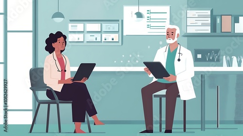 A doctor using an AI-powered tablet to analyze a patient's medical history and provide real-time diagnostic insights in a modern hospital setting, with the patient seated nearby 