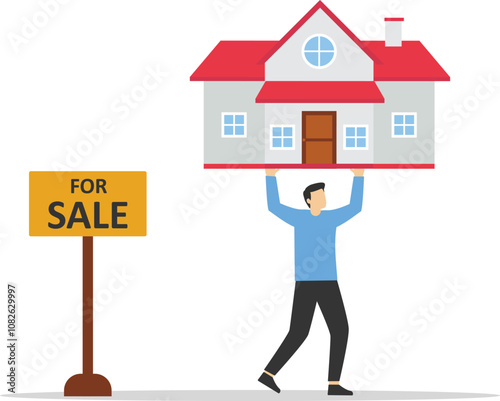 Businessman stands in full growth is engaged in the sale of real estate. Flat style. Element for presentations, sites. Vector illustration

