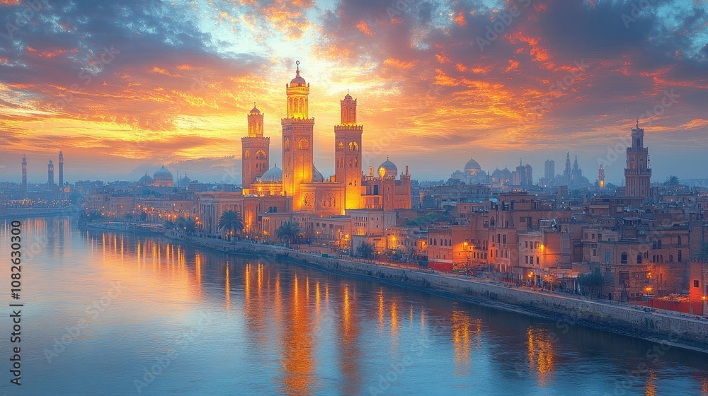 Fototapeta premium Cityscape with minarets and river at sunset.
