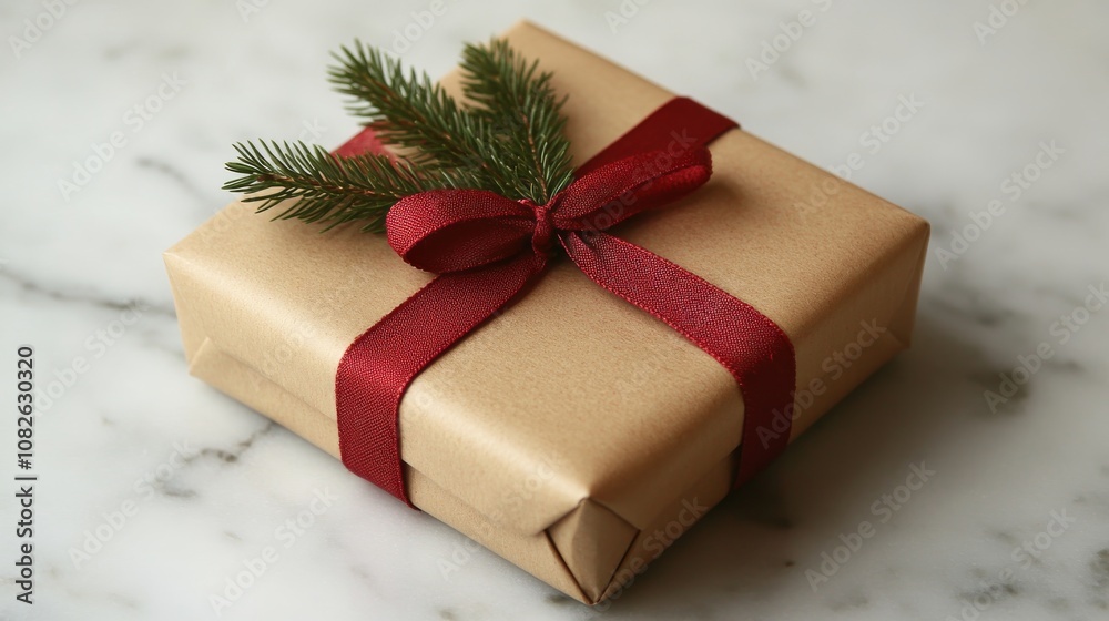A simple brown gift box tied with a red ribbon and adorned with green pine sprigs. A simple brown gift box tied with a red ribbon and adorned with green pine sprigs.