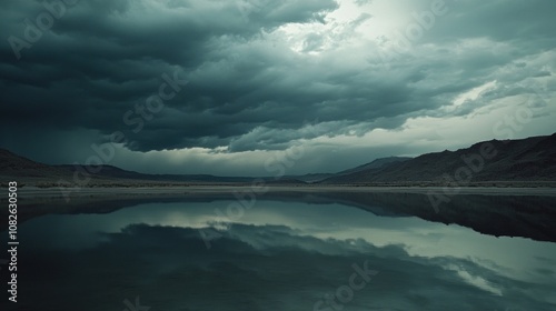 Dramatic storm clouds reflected in a still lake, casting an eerie glow over the landscape.