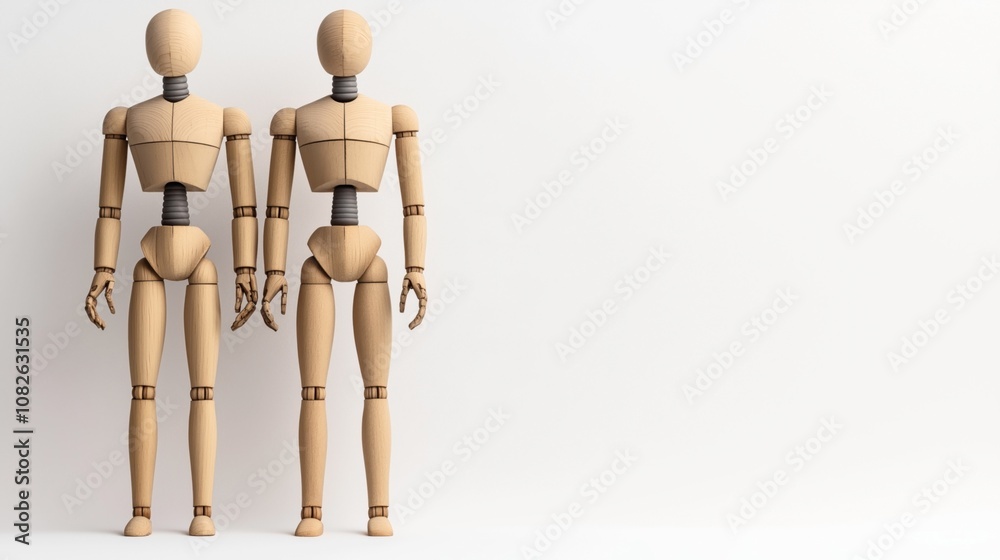 Two wooden artist mannequins standing side by side in a neutral studio setting on a light background Two wooden artist mannequins standing side by side in a neutral studio setting on a light background