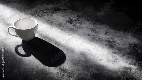 A simple still life featuring a single white cup on a dark countertop, with a high-contrast shadow effect. Wide angle shot, Cinematic Scene, 4k resolution, cinematic scene photo