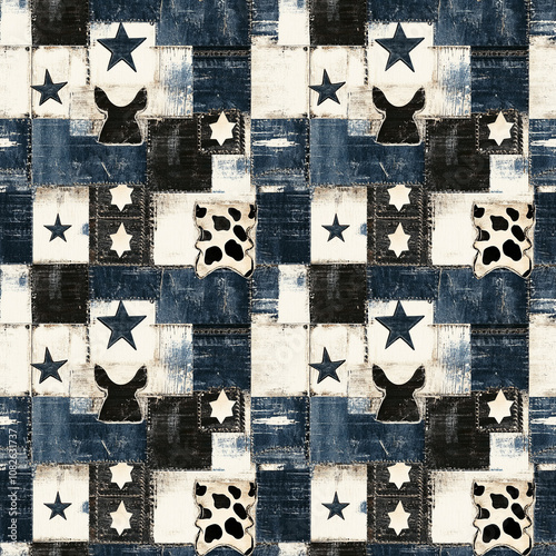 A retro Western pattern with denim textures, cow print patches, and sheriff stars evokes saloon decor and rodeo fashion, perfect for rustic and vintage-inspired designs.