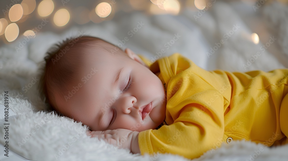 Sweet baby in a yellow onesie, sleeping peacefully on a cozy white bed. Great for newborn apparel displays. 40k, full ultra hd, high resolution Sweet baby in a yellow onesie, sleeping peacefully on a cozy white bed. Great for newborn apparel displays. 40k, full ultra hd, high resolution