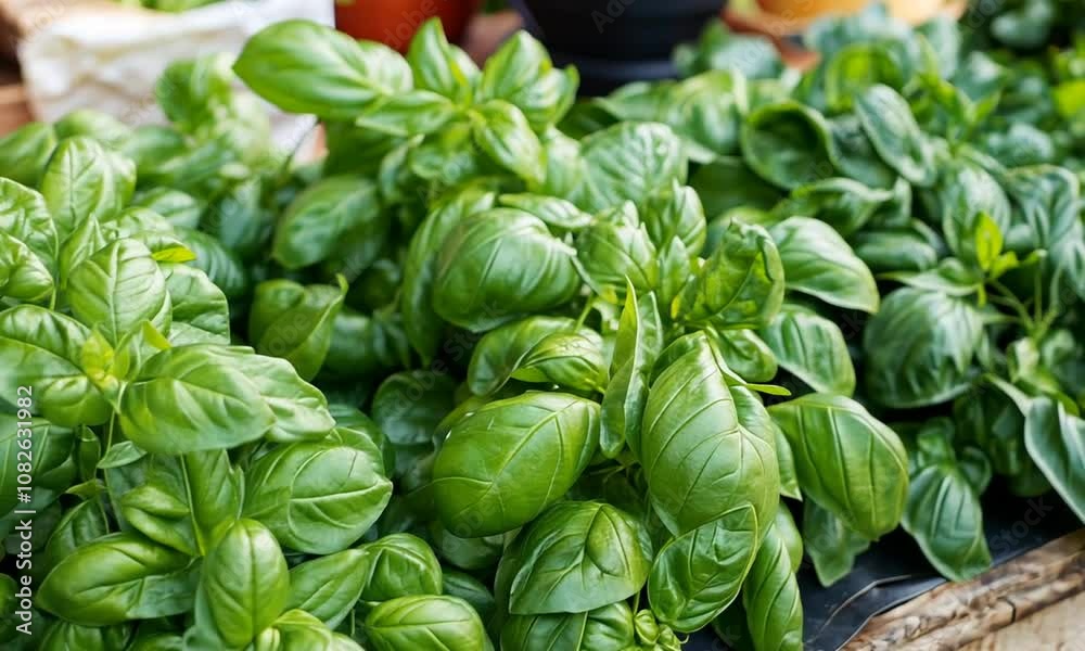 Fresh Green Basil Leaves on Display at a Vibrant Farmers Market, Showcasing the Rich Color and Texture of Organic Herbs for Culinary Use Fresh Green Basil Leaves on Display at a Vibrant Farmers Market, Showcasing the Rich Color and Texture of Organic Herbs for Culinary Use