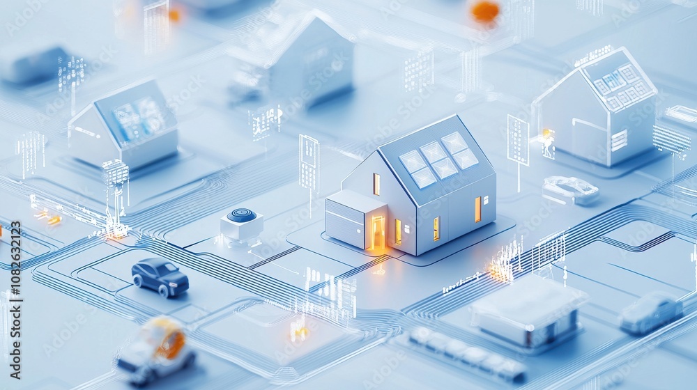 Innovative smart home concept showcasing energy storage system in futuristic urban setting digital render high-tech environment aerial view Innovative smart home concept showcasing energy storage system in futuristic urban setting digital render high-tech environment aerial view