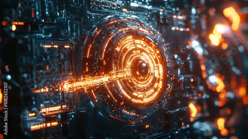 Holographic Key Surrounded by Firewalls in a Digital Environment Representing Data Security and Protection in a High-Tech Setting