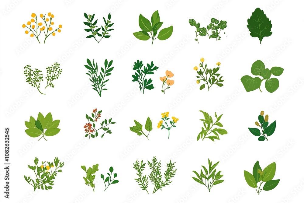 Set of flat green leaves and plants on white background. Set of flat green leaves and plants on white background.
